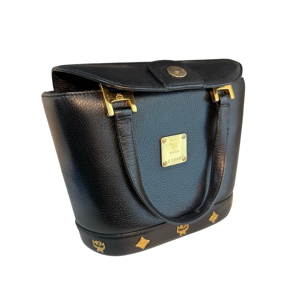 Vintage MCM Black Pebbled Leather Mini Tote Bag Gold Hardware - Picture 10 of 12